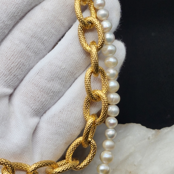 Designer Set 14K Gold Plated Massive Chain Cross Genuine Freshwater Pearls - Picture 6 of 13